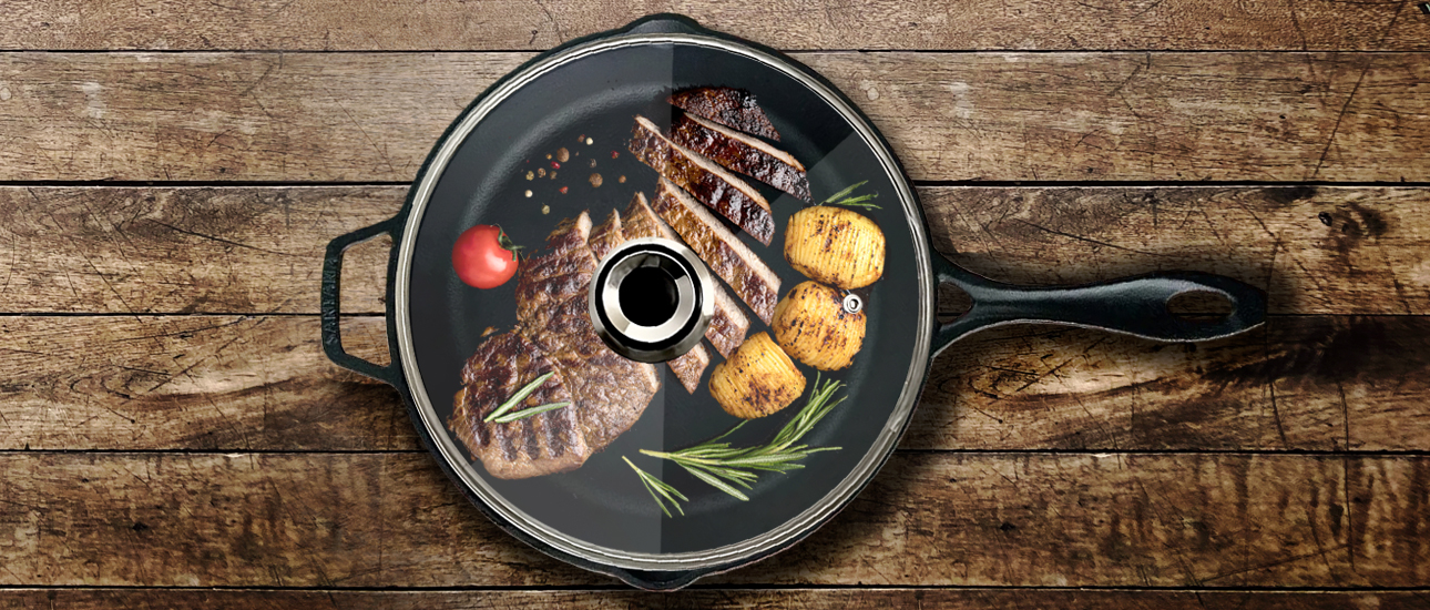 Frigideira Gourmet de Ferro Fundido 28 cm tampa de vidro - Santana